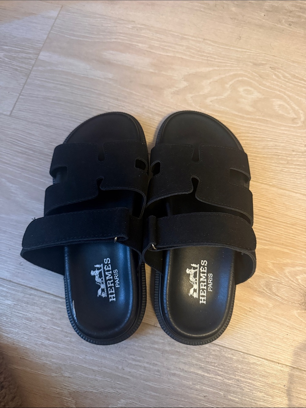 Hermes Black Suede Double-Strap Slide Sandals
